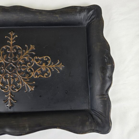 Southern Living at Home Black Metal Rectangular Tray Gold Stamped Top Scalloped - Picture 7 of 14